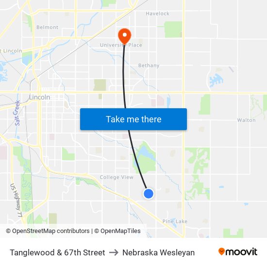 Tanglewood & 67th Street to Nebraska Wesleyan map