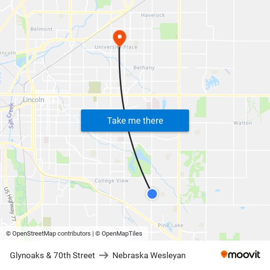 Glynoaks & 70th Street to Nebraska Wesleyan map