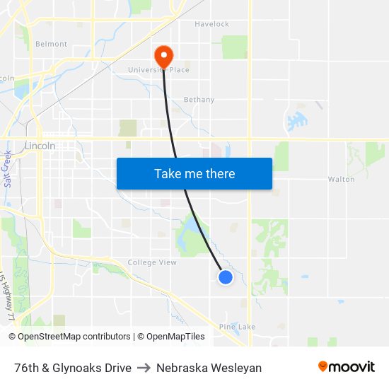 76th & Glynoaks Drive to Nebraska Wesleyan map