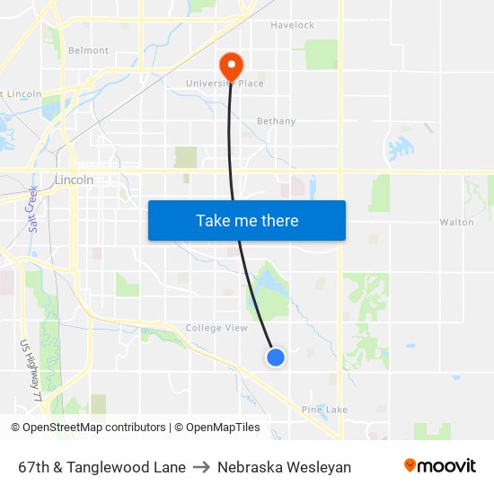 67th & Tanglewood Lane to Nebraska Wesleyan map