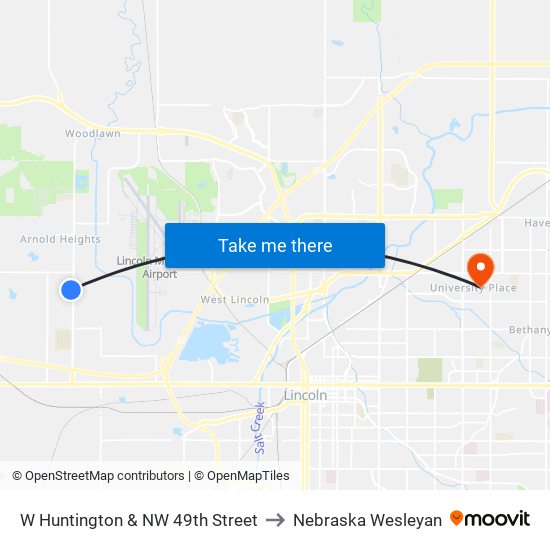 W Huntington & NW 49th Street to Nebraska Wesleyan map