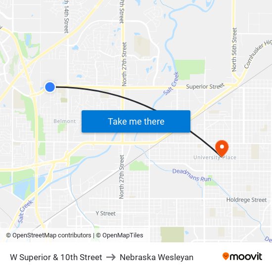 W Superior & 10th Street to Nebraska Wesleyan map