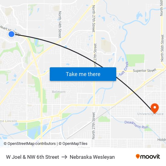 W Joel & NW 6th Street to Nebraska Wesleyan map