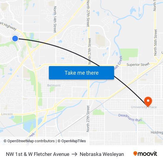 NW 1st & W Fletcher Avenue to Nebraska Wesleyan map
