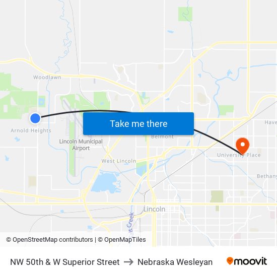 NW 50th & W Superior Street to Nebraska Wesleyan map