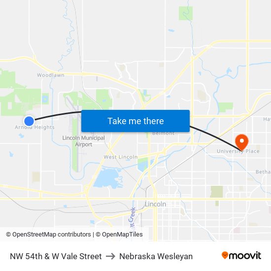 NW 54th & W Vale Street to Nebraska Wesleyan map