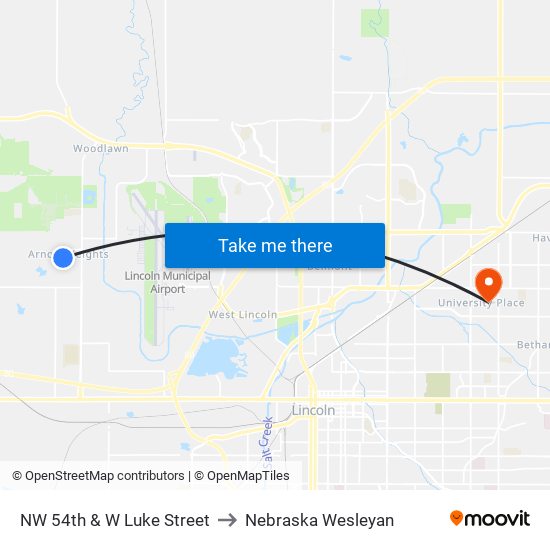 NW 54th & W Luke Street to Nebraska Wesleyan map