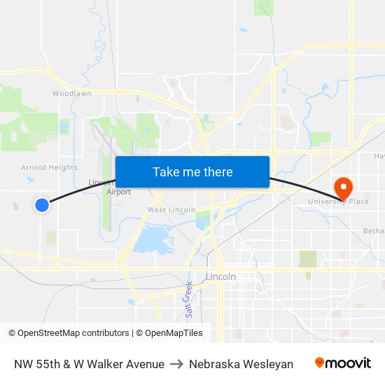 NW 55th & W Walker Avenue to Nebraska Wesleyan map