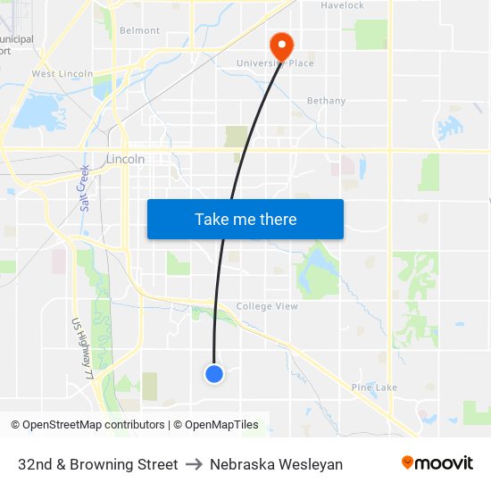 32nd & Browning Street to Nebraska Wesleyan map