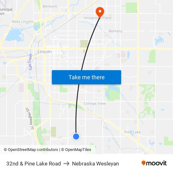 32nd & Pine Lake Road to Nebraska Wesleyan map