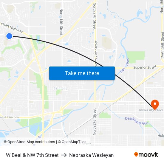 W Beal & NW 7th Street to Nebraska Wesleyan map