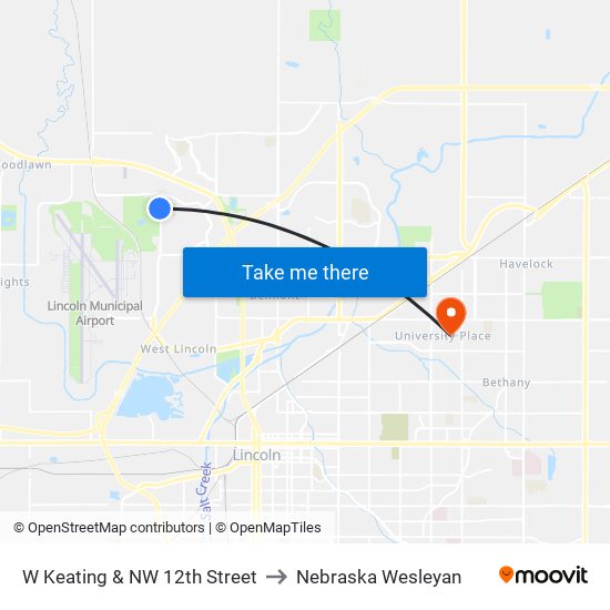 W Keating & NW 12th Street to Nebraska Wesleyan map