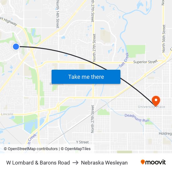 W Lombard & Barons Road to Nebraska Wesleyan map