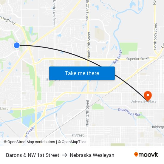 Barons & NW 1st Street to Nebraska Wesleyan map