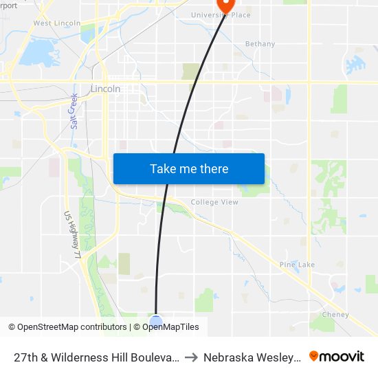 27th & Wilderness Hill Boulevard to Nebraska Wesleyan map