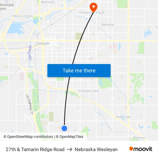 27th & Tamarin Ridge Road to Nebraska Wesleyan map