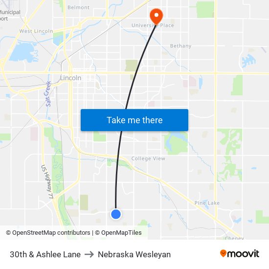 30th & Ashlee Lane to Nebraska Wesleyan map