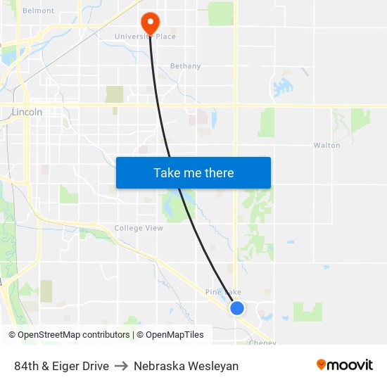 84th & Eiger Drive to Nebraska Wesleyan map