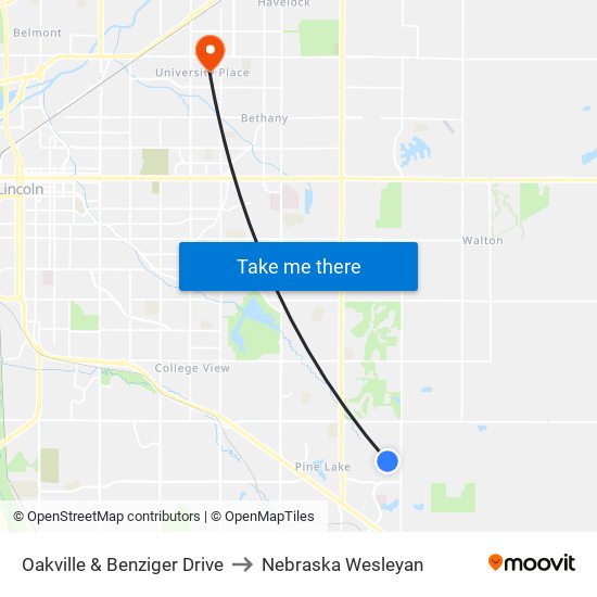 Oakville & Benziger Drive to Nebraska Wesleyan map