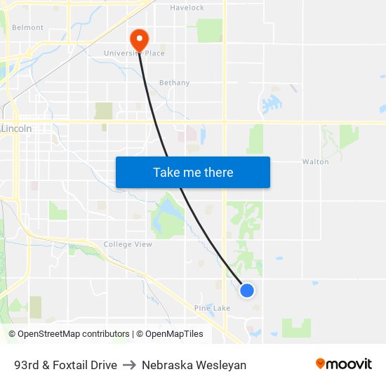 93rd & Foxtail Drive to Nebraska Wesleyan map