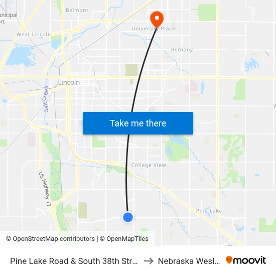 Pine Lake Road & South 38th Street, NW to Nebraska Wesleyan map