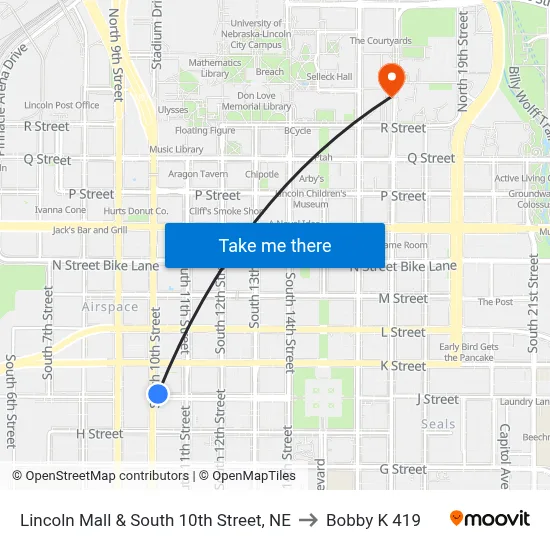 Lincoln Mall & South 10th Street, NE to Bobby K 419 map