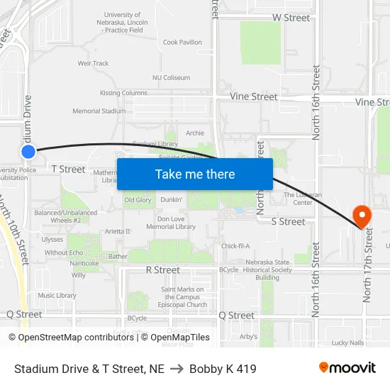Stadium Drive & T Street, NE to Bobby K 419 map