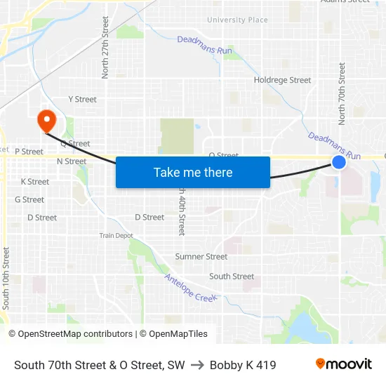 South 70th Street & O Street, SW to Bobby K 419 map