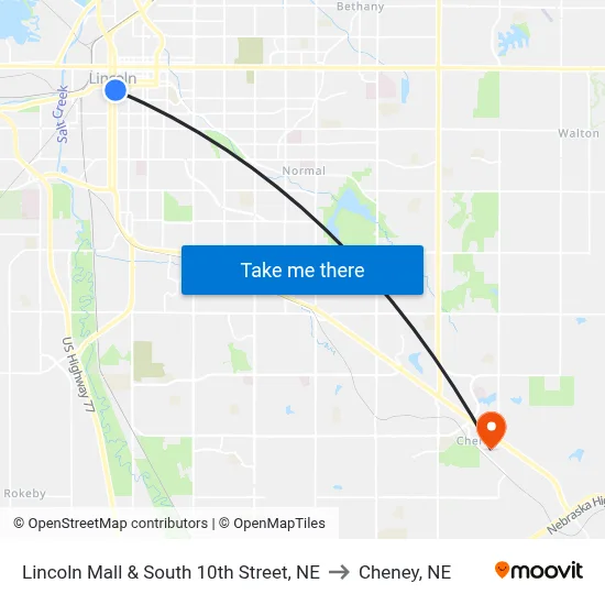 Lincoln Mall & South 10th Street, NE to Cheney, NE map