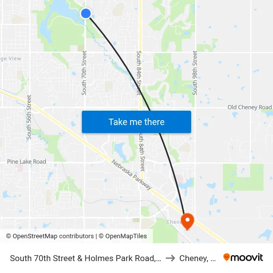 South 70th Street & Holmes Park Road, NE to Cheney, NE map
