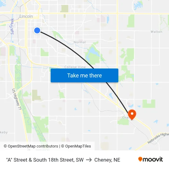 "A" Street & South 18th Street, SW to Cheney, NE map