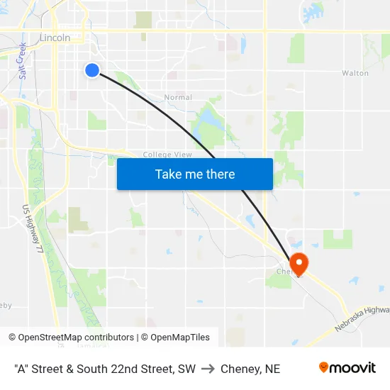 "A" Street & South 22nd Street, SW to Cheney, NE map