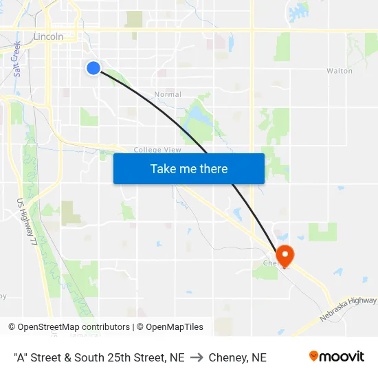 "A" Street & South 25th Street, NE to Cheney, NE map