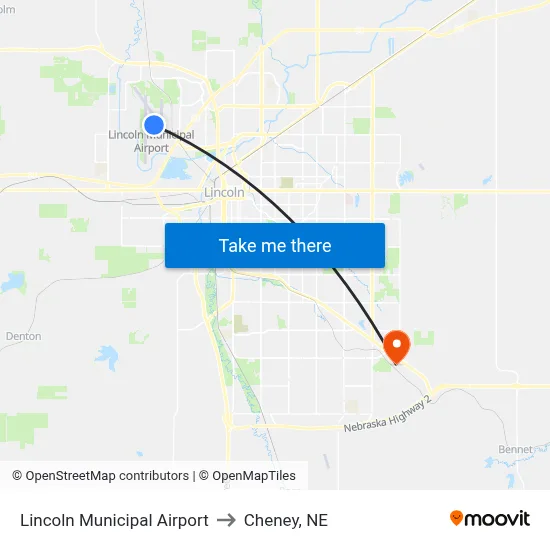 Lincoln Municipal Airport to Cheney, NE map