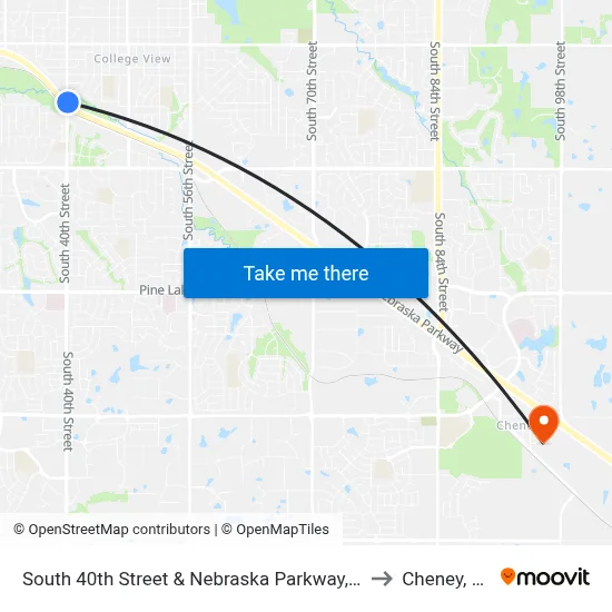South 40th Street & Nebraska Parkway, NE to Cheney, NE map