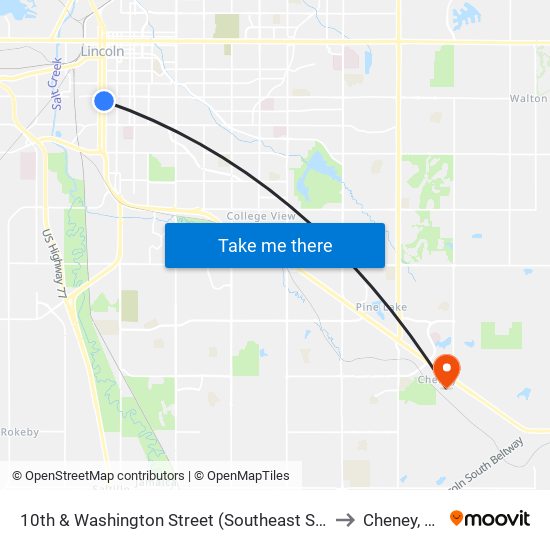 10th & Washington Street (Southeast Side) to Cheney, NE map