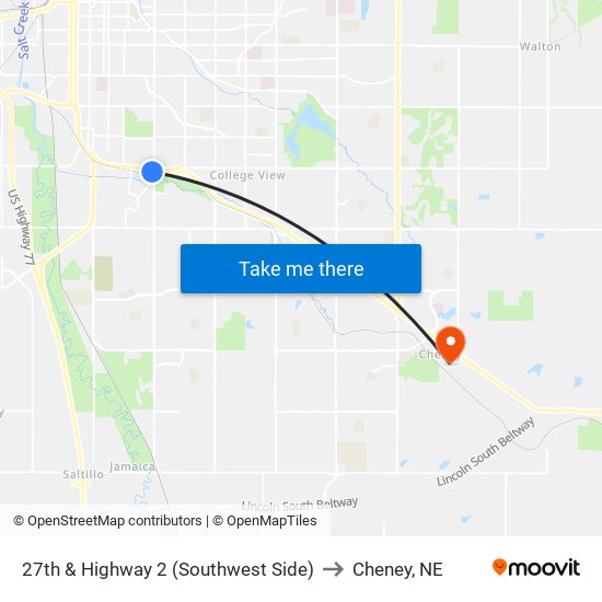 27th & Highway 2 (Southwest Side) to Cheney, NE map