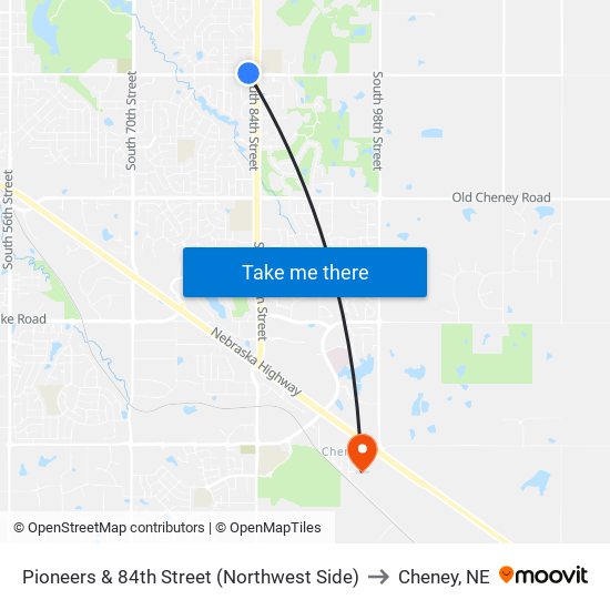 Pioneers & 84th Street (Northwest Side) to Cheney, NE map