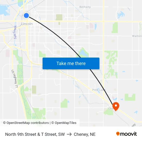 North 9th Street & T Street, SW to Cheney, NE map