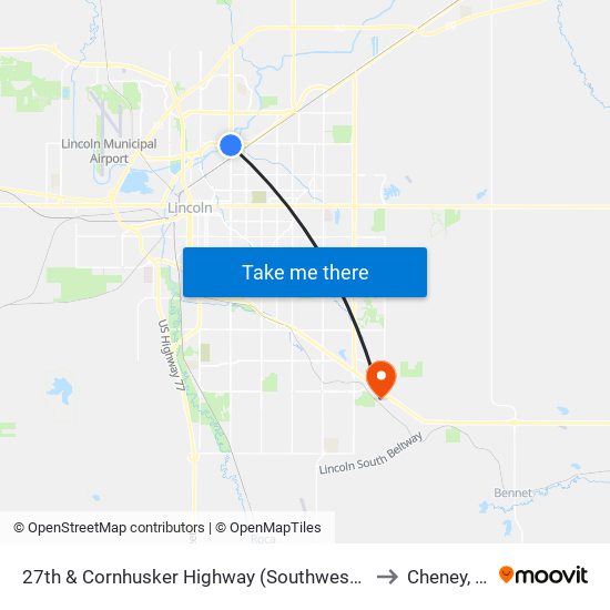 27th & Cornhusker Highway (Southwest Side) to Cheney, NE map