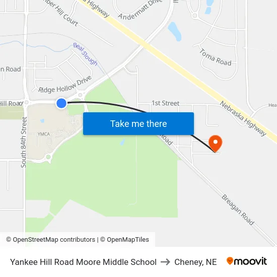 Yankee Hill Road Moore Middle School to Cheney, NE map