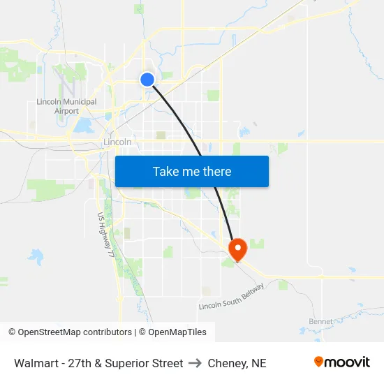 Walmart - 27th & Superior Street to Cheney, NE map