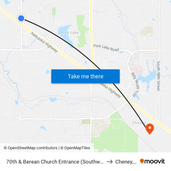 70th & Berean Church Entrance (Southwest Side) to Cheney, NE map