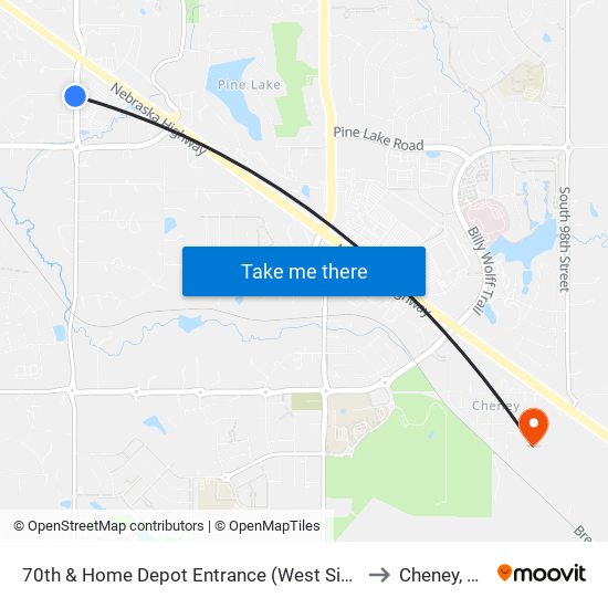 70th & Home Depot Entrance (West Side) to Cheney, NE map
