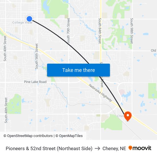 Pioneers & 52nd Street (Northeast Side) to Cheney, NE map