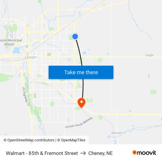 Walmart - 85th & Fremont Street to Cheney, NE map