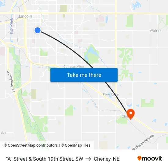 "A" Street & South 19th Street, SW to Cheney, NE map