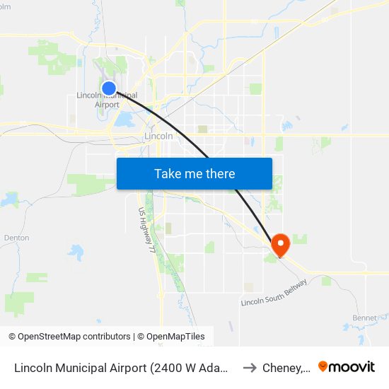 Lincoln Municipal Airport (2400 W Adams Street) to Cheney, NE map