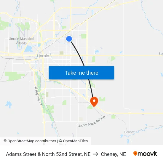 Adams Street & North 52nd Street, NE to Cheney, NE map