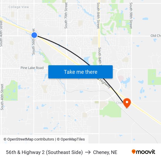 56th & Highway 2 (Southeast Side) to Cheney, NE map